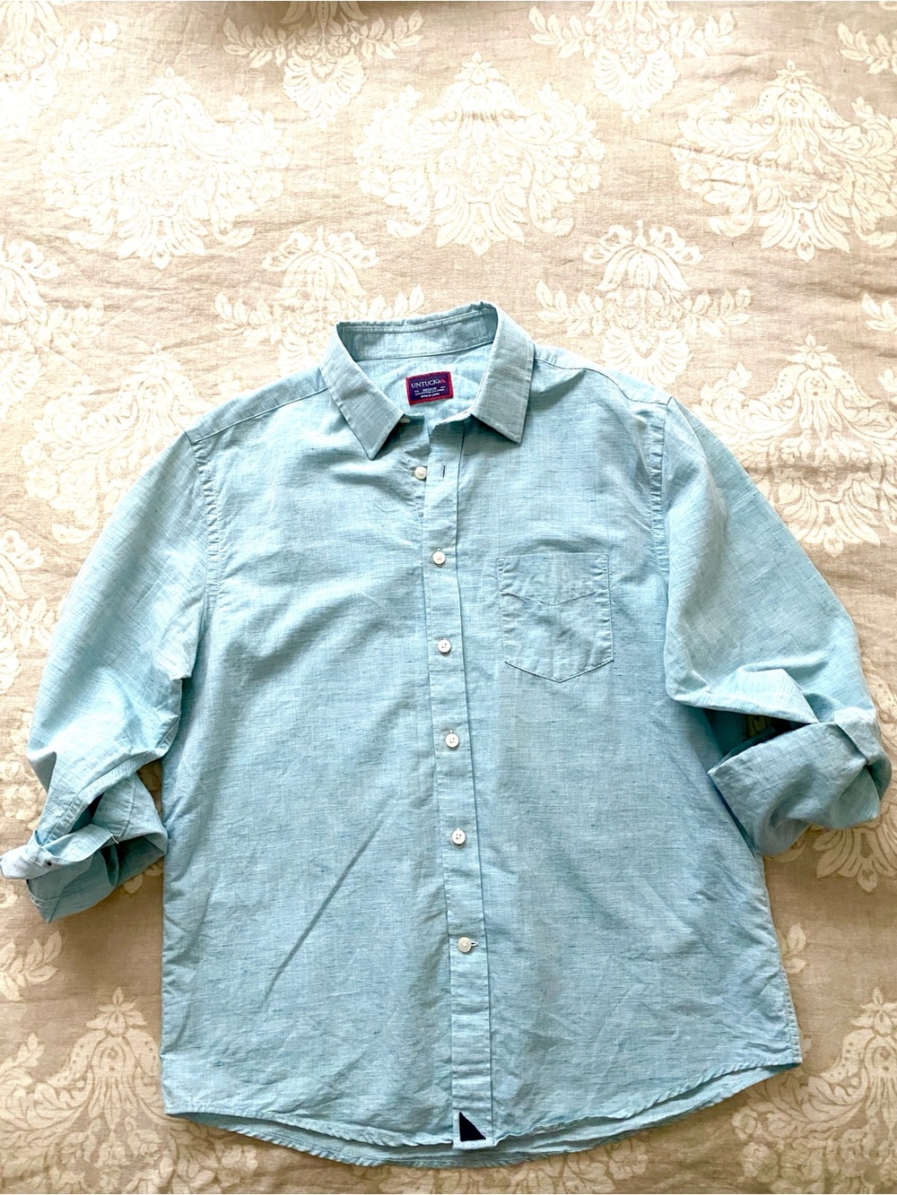 Untuckit Linen Cotton Blend Pale Sea Green Button Up Long Sleeve Shirt Size M